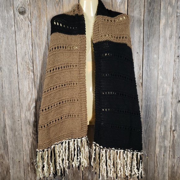 NEW Black Brown Colorblock Hand Knitted Shawl Scarf Wrap Boho Hippie Handmade - Picture 9 of 9